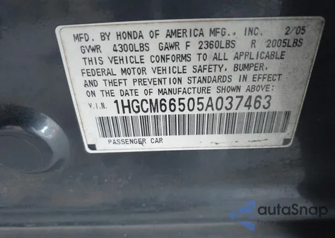 2005 Honda Accord 3.0 Ex из США, поврежденный, VIN 1HGCM66505A037463